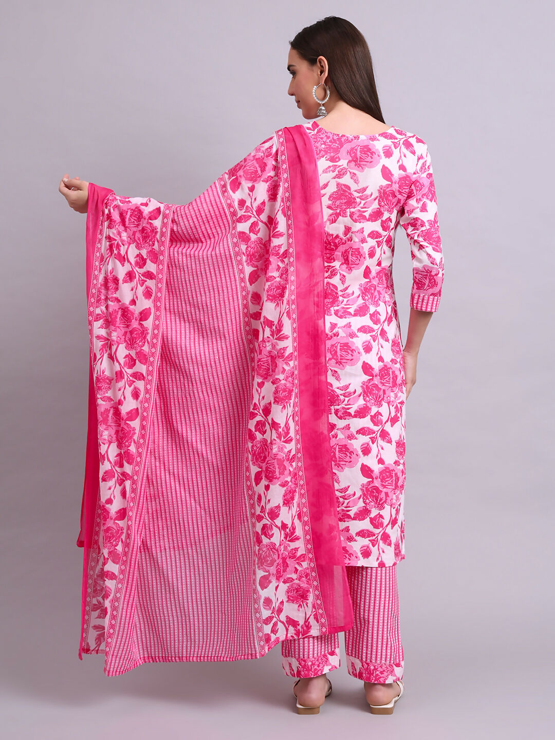 Joban Fashion Pink Cotton Floral Printed & Embroidery Work Kurta With Trousers & Dupatta Set | Grocsy