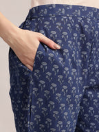 Aavyora Women's Floral Printed Indigo Blue Cotton Straight Kurta With Trouser & Dupatta | Grocsy