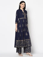 Aniyah Rayon Navy Blue Color Block Print Anarkali Palazzo Set (AN-210K) | Grocsy