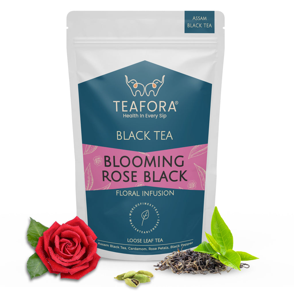 TEAFORA Blooming Rose Black Tea | Assam Loose Leaf Tea | Robust & Flavorful | Blended with Rose Petals, Cardamom, Saffron & Almond | 100% NATURAL INGREDIENTS | Grocsy