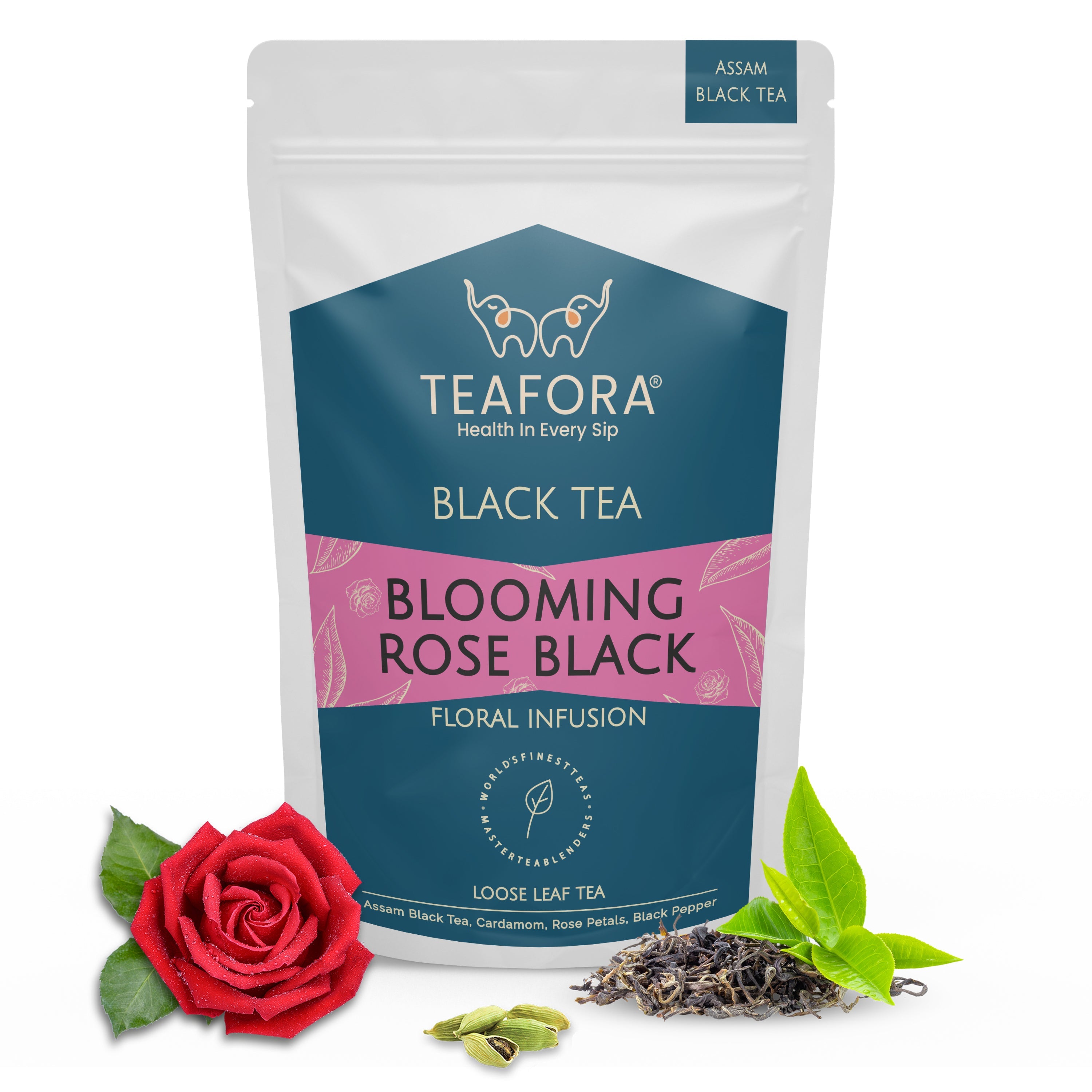 TEAFORA Blooming Rose Black Tea | Assam Loose Leaf Tea | Robust & Flavorful | Blended with Rose Petals, Cardamom, Saffron & Almond | 100% NATURAL INGREDIENTS | Grocsy