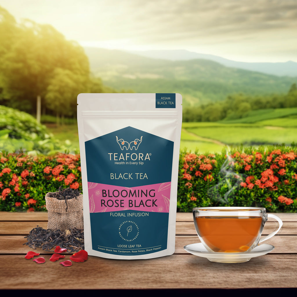 TEAFORA Blooming Rose Black Tea | Assam Loose Leaf Tea | Robust & Flavorful | Blended with Rose Petals, Cardamom, Saffron & Almond | 100% NATURAL INGREDIENTS | Grocsy