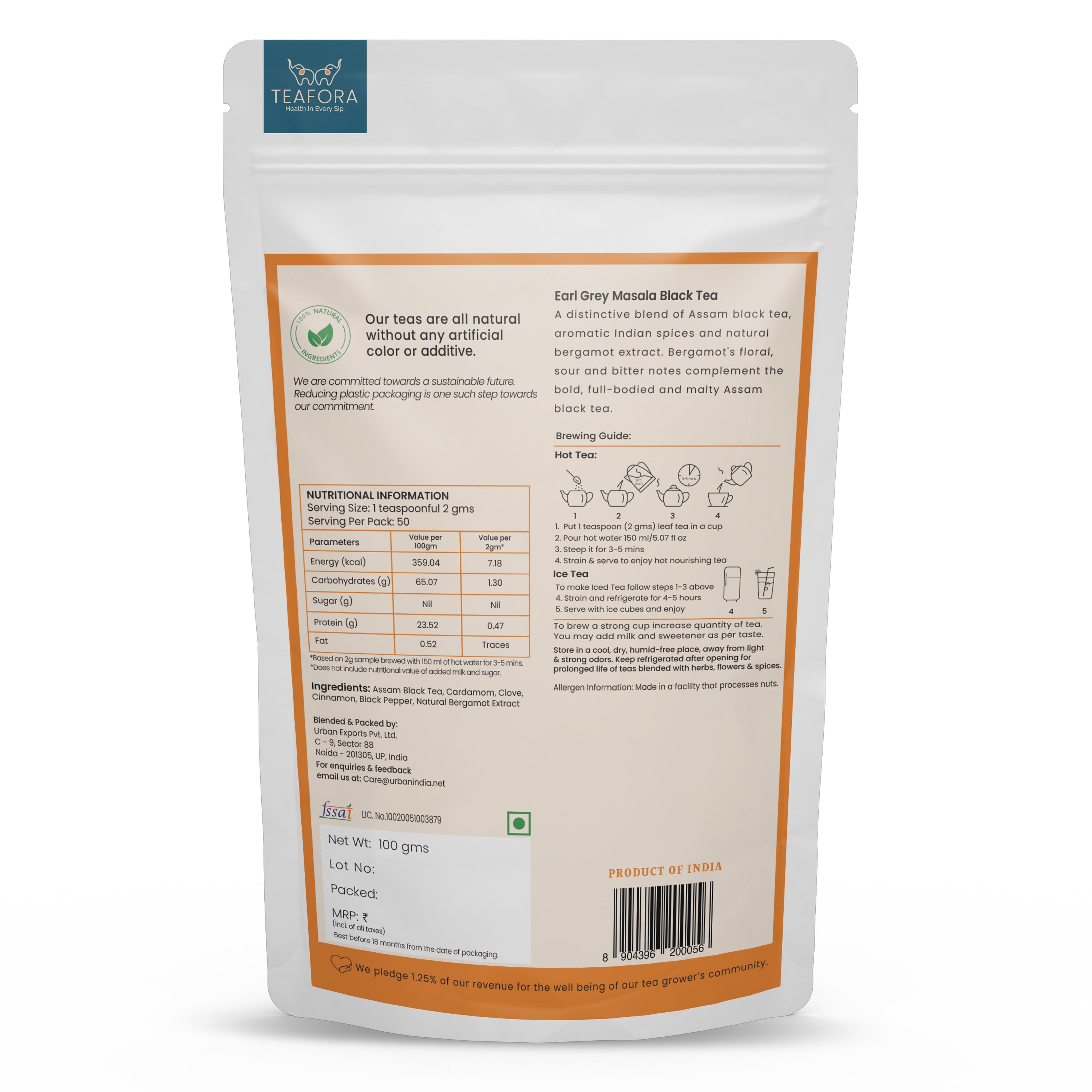 TEAFORA Earl Grey Masala Black Tea | Spiced Citrus | Assam Loose Leaves | Blended with Indian Aromatic Spices & Natural Bergamot Extract | 100% NATURAL | Grocsy