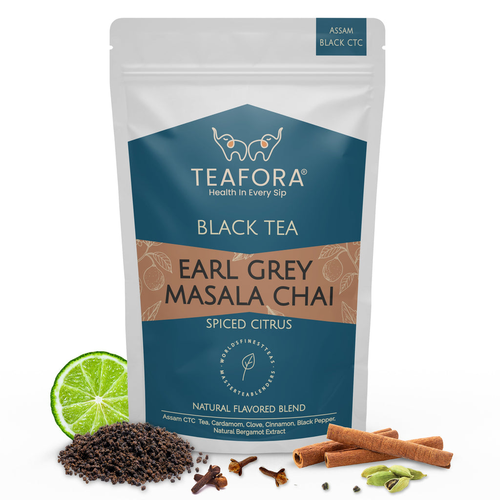TEAFORA Earl Grey Masala Chai Tea | Spiced Citrus | Blend of Assam CTC, Cardamom, Cinnamon, Black Pepper, Clove, Natural Bergamot Extract | 100% NATURAL | Grocsy