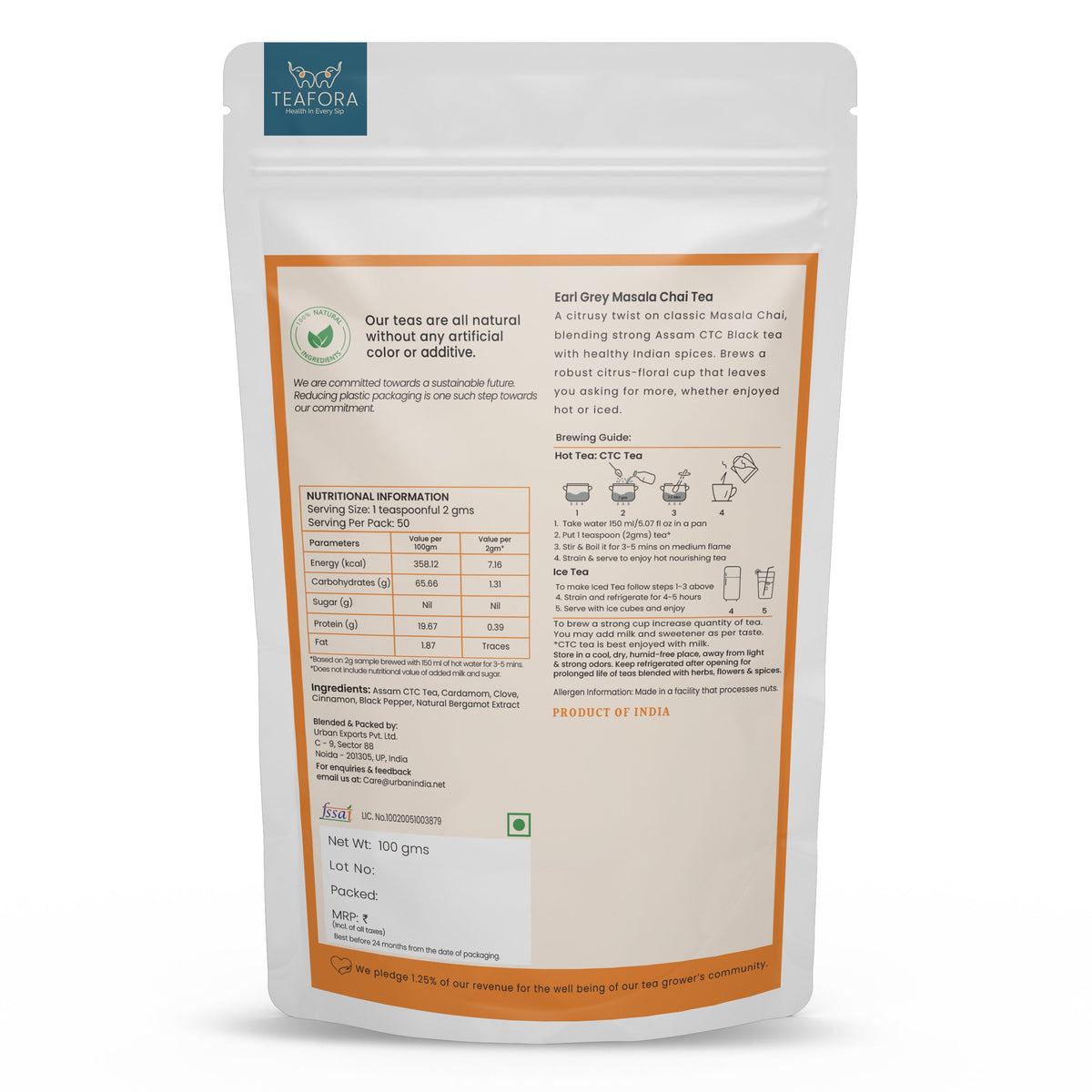 TEAFORA Earl Grey Masala Chai Tea | Spiced Citrus | Blend of Assam CTC, Cardamom, Cinnamon, Black Pepper, Clove, Natural Bergamot Extract | 100% NATURAL | Grocsy