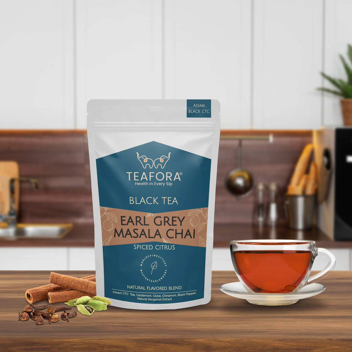 TEAFORA Earl Grey Masala Chai Tea | Spiced Citrus | Blend of Assam CTC, Cardamom, Cinnamon, Black Pepper, Clove, Natural Bergamot Extract | 100% NATURAL | Grocsy