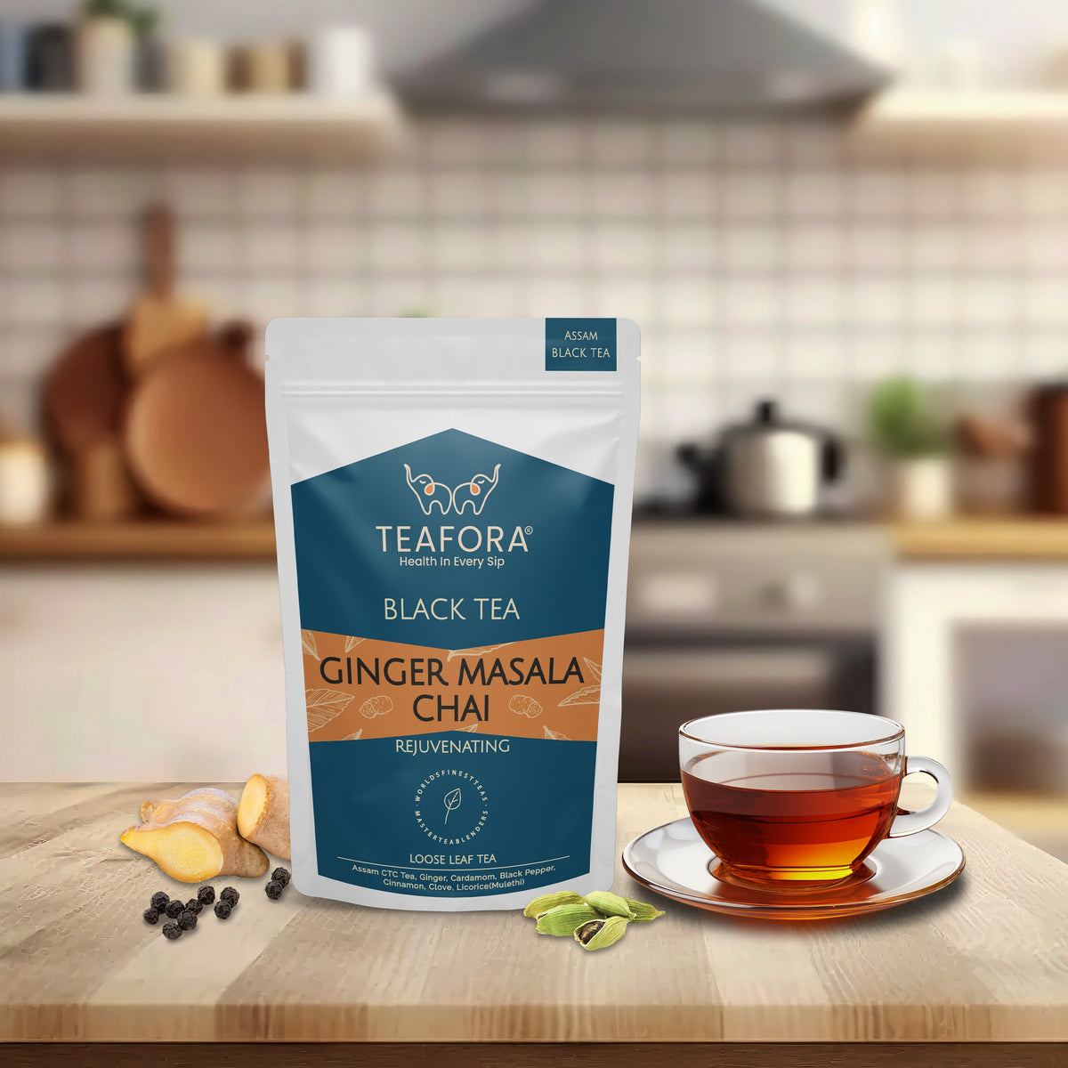 TEAFORA Ginger Masala Chai Tea | Assam CTC Loose Black Tea | Blended with Authentic Indian Spices | Indian Ginger Tea | 100% NATURAL INGREDIENTS | Grocsy