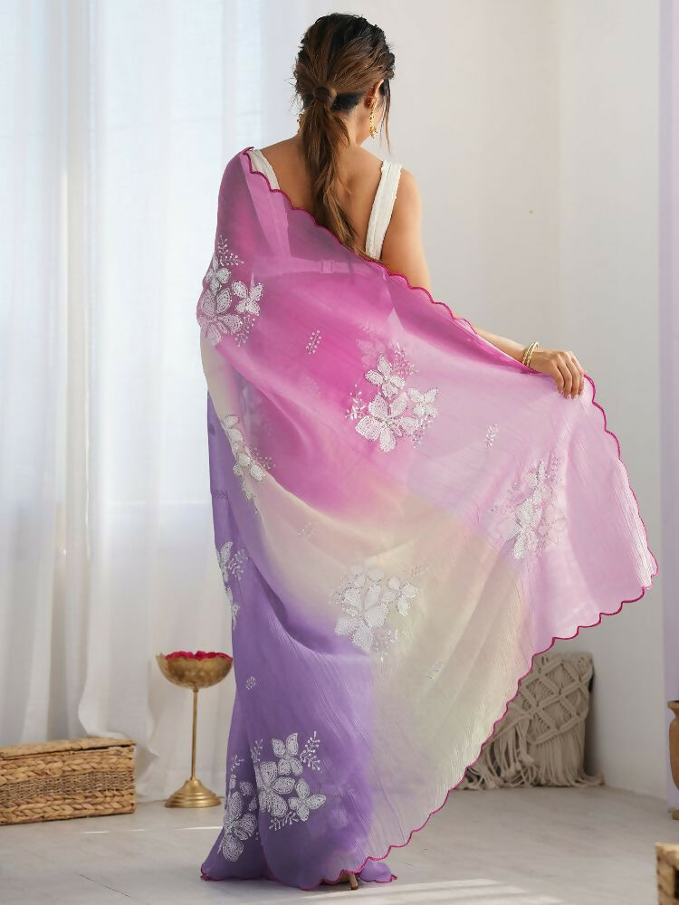 PR Fashion Pink_Lavender Gold Crush Embroidery Work Saree | Grocsy