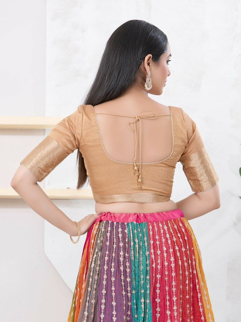 Joban Fashion Gold Brocade Elbow Sleeveless Front Open Blouse | Grocsy