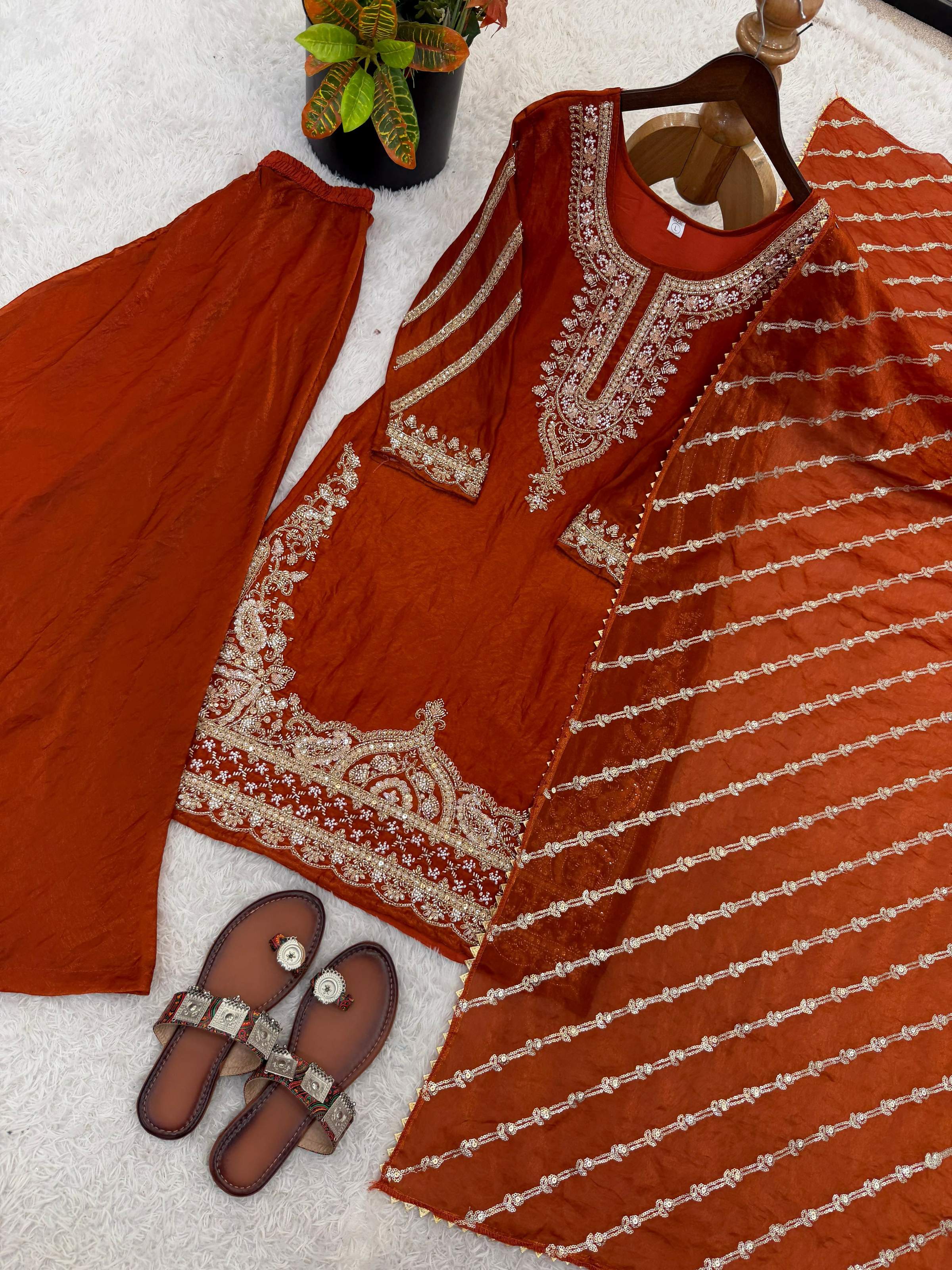 Teeya Creation New latest Trendy Embroidery Beads Work Kurta Sharara Set - Orange | Grocsy