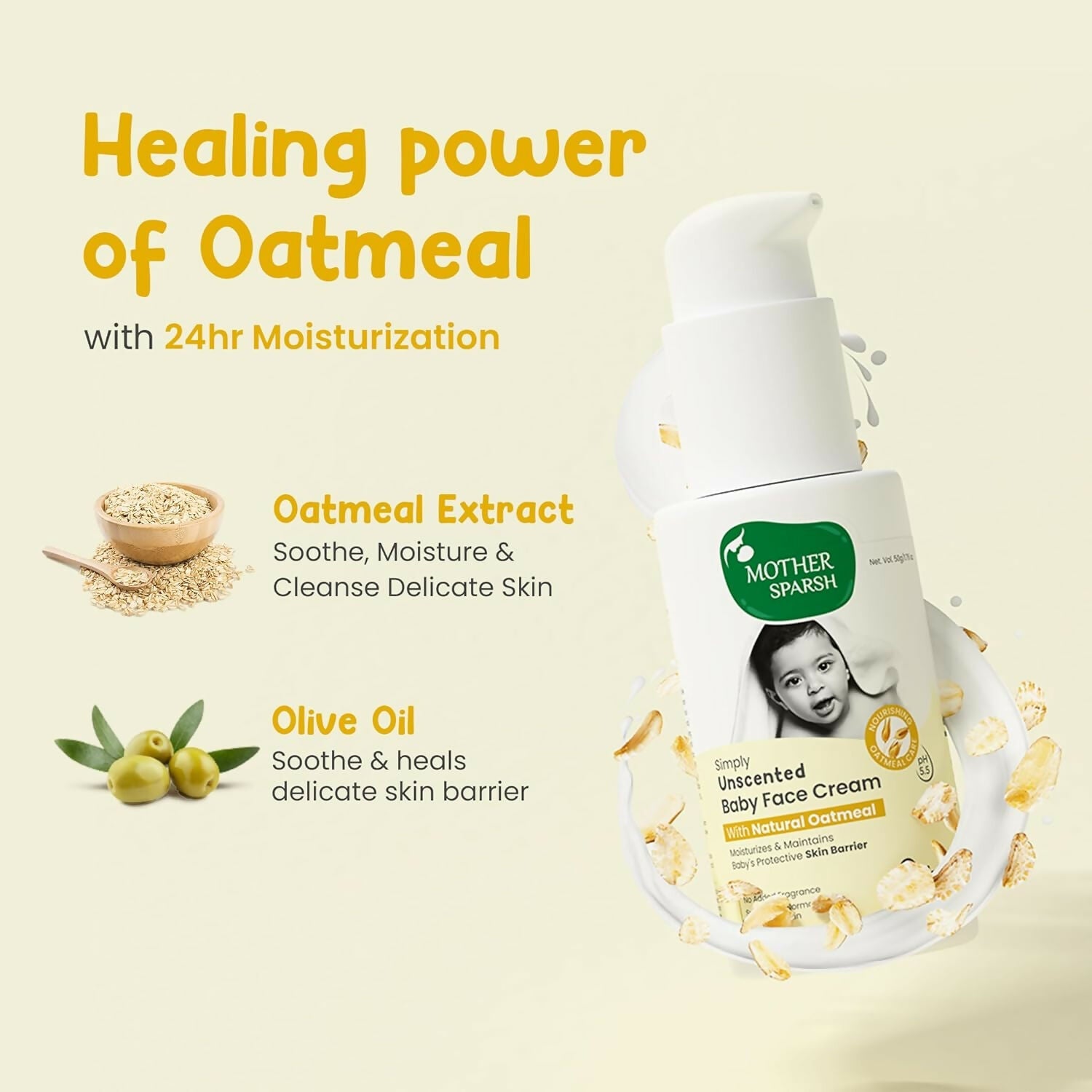 Mother Sparsh Simply Unscented Baby Face Cream with Oatmeal, for Sensitive Skin | Grocsy