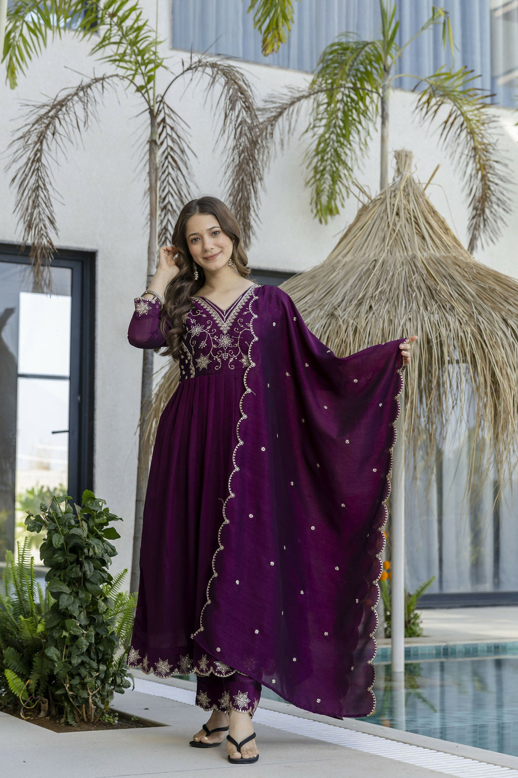 The52 Women's Beautiful Embroidery Work Vichitra Silk Fabric Flared Anarkali Pant and Dupatta Set | Grocsy