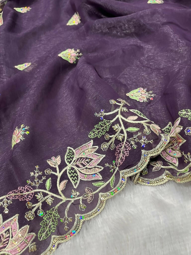 Vastranavya Gold Crunchy Multi Colour Threads Embroidery Work with Sequins Work Saree with Blouse material - Purple | Grocsy