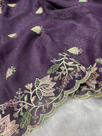 Vastranavya Gold Crunchy Multi Colour Threads Embroidery Work with Sequins Work Saree with Blouse material - Purple | Grocsy