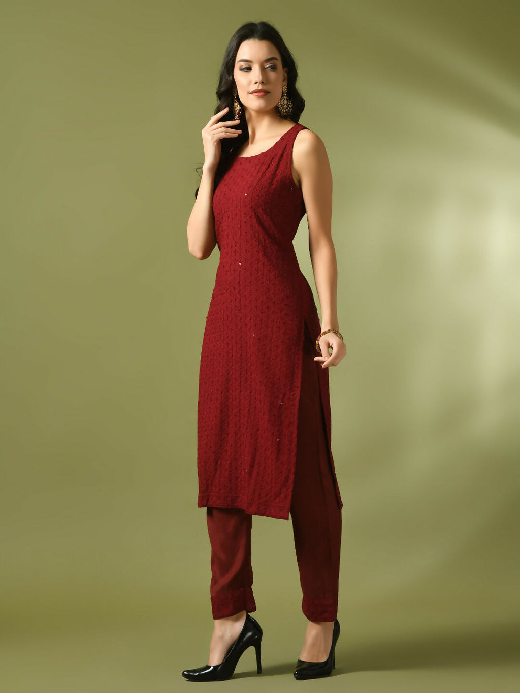 Myshka Women's Maroon Embroidered Cotton Straight Party Kurta Set | Grocsy