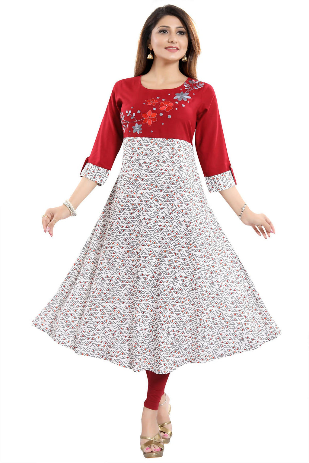 Snehal Creations Magnificent Maroon Rayon Printed Flared Long Tunic | Grocsy