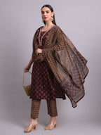 Joban Fashion Black Cotton Buti Printed & Embroidery Work Kurta With Trousers & Dupatta Set | Grocsy