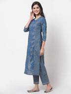 Myshka Women's Navy Blue Printed 3/4 Sleeve Cotton Round Neck Casual Kurta & Pant Set | Grocsy