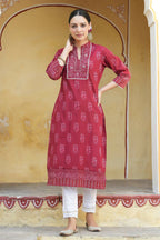 Juniper Women's Marron Cotton Cambric Floral Printed Straight Kurta | Grocsy