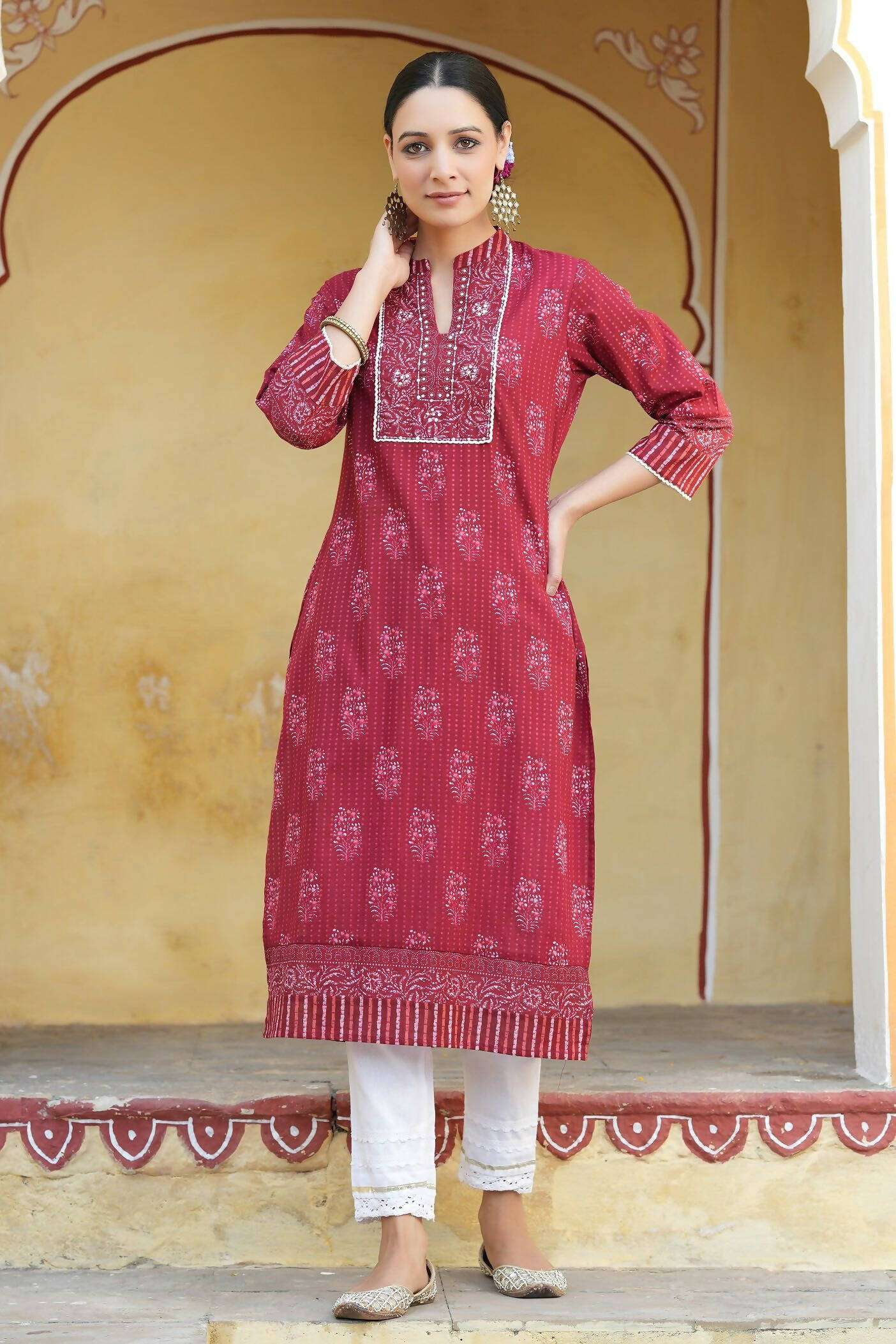 Juniper Women's Marron Cotton Cambric Floral Printed Straight Kurta | Grocsy