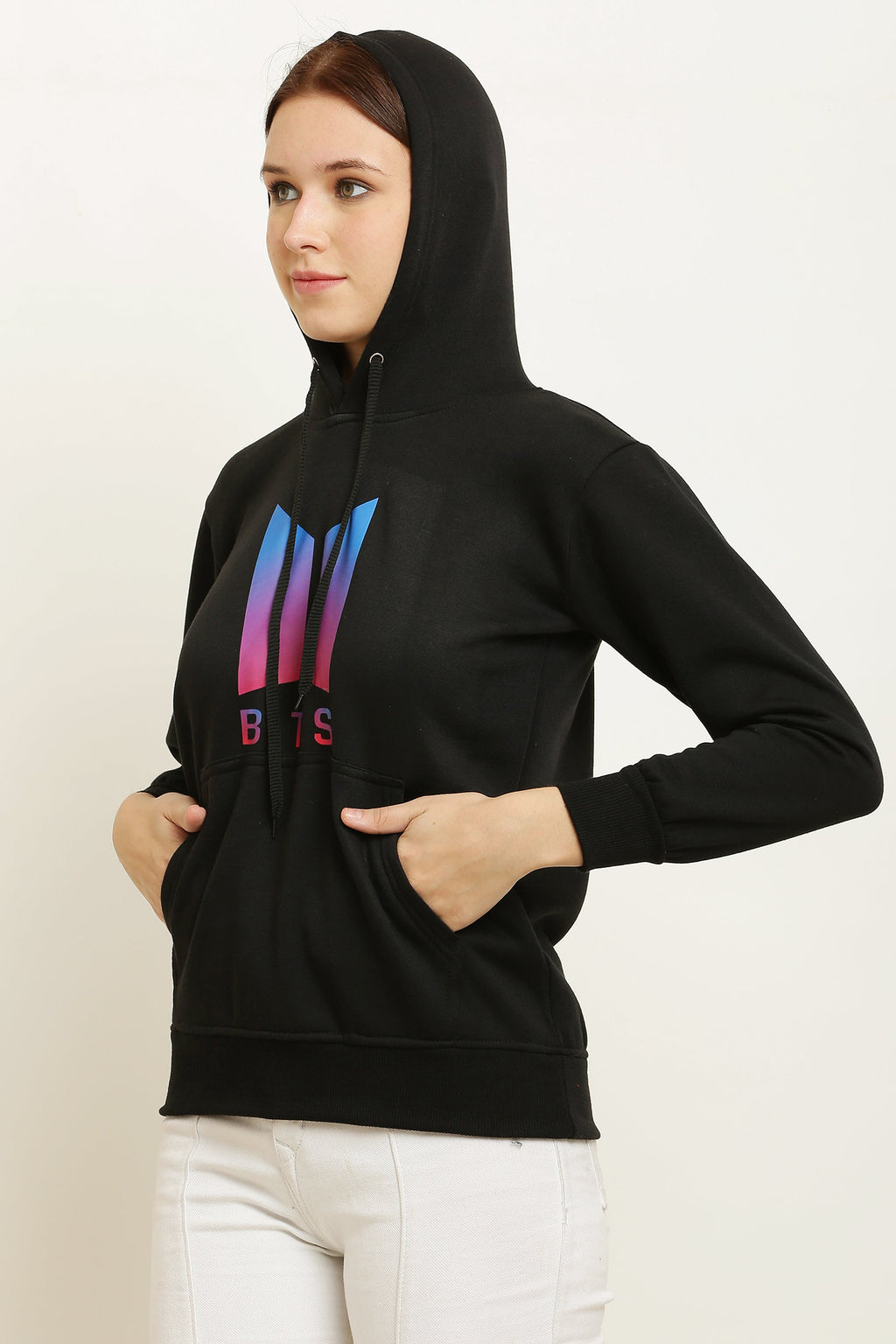 PAVONINE Black Color Bts-Design Pullover Hoodie Sweatshirt For Girls | Grocsy