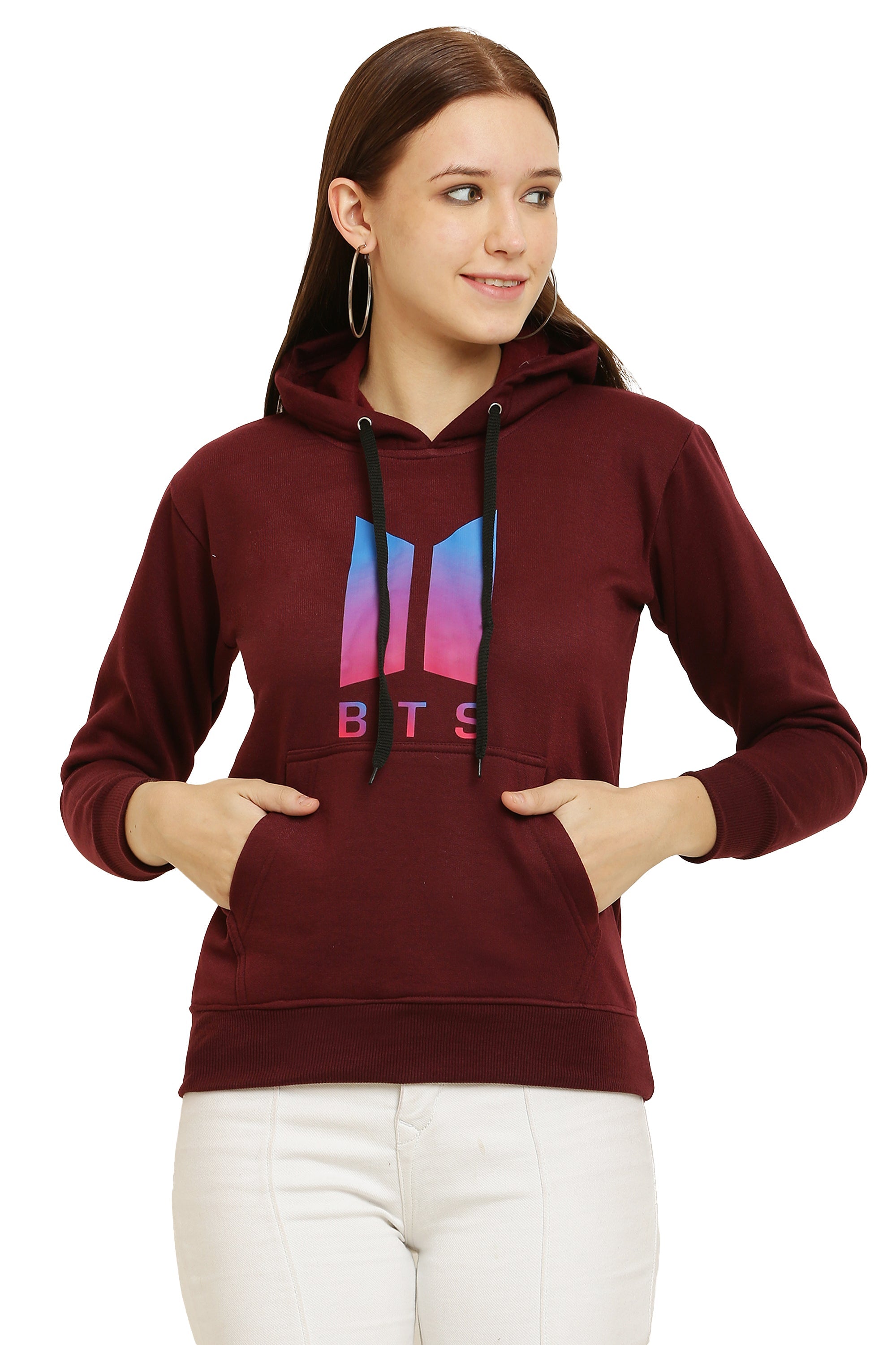 PAVONINE Maroon Color Bts-Design Pullover Hoodie Sweatshirt For Girls | Grocsy