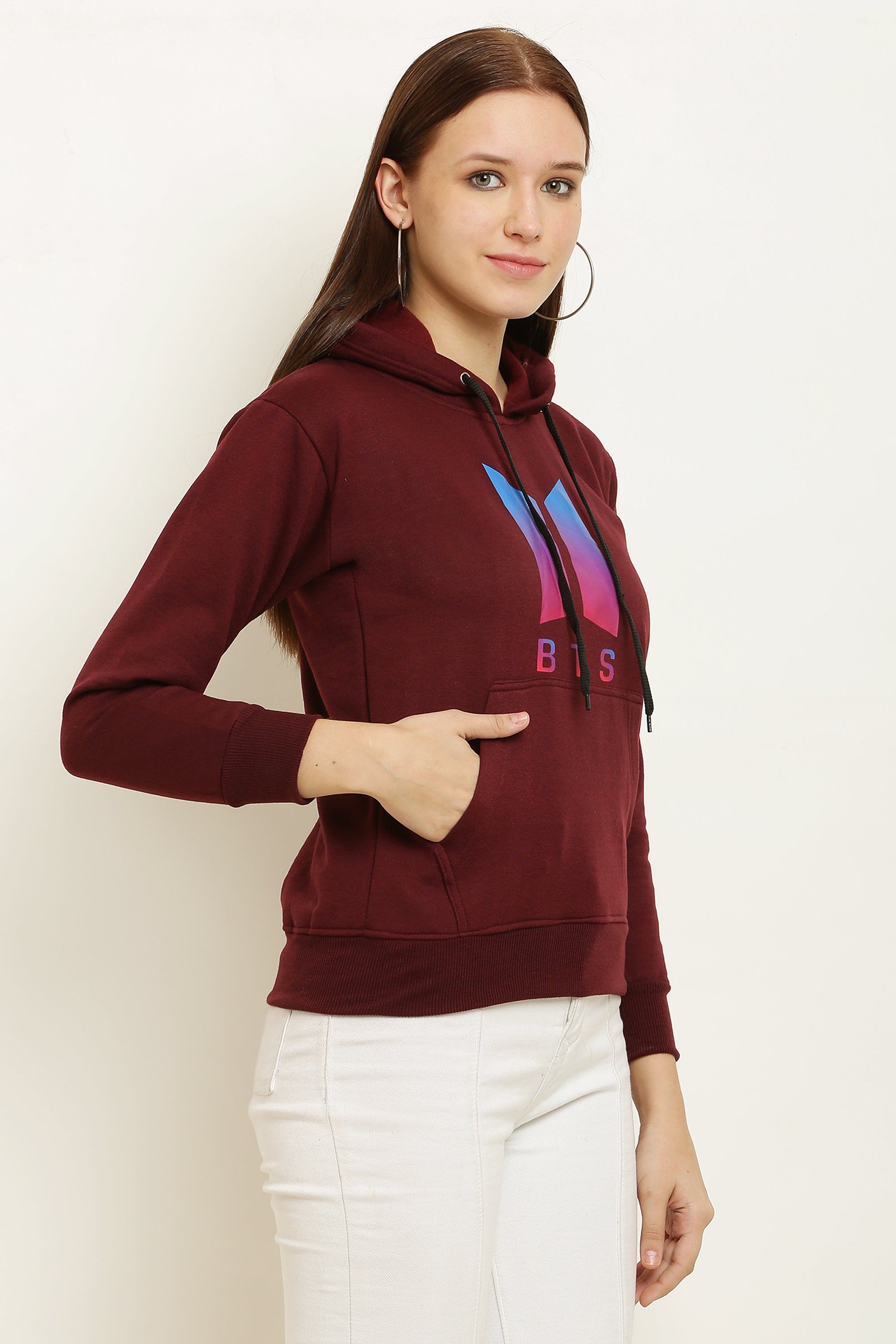 PAVONINE Maroon Color Bts-Design Pullover Hoodie Sweatshirt For Girls | Grocsy