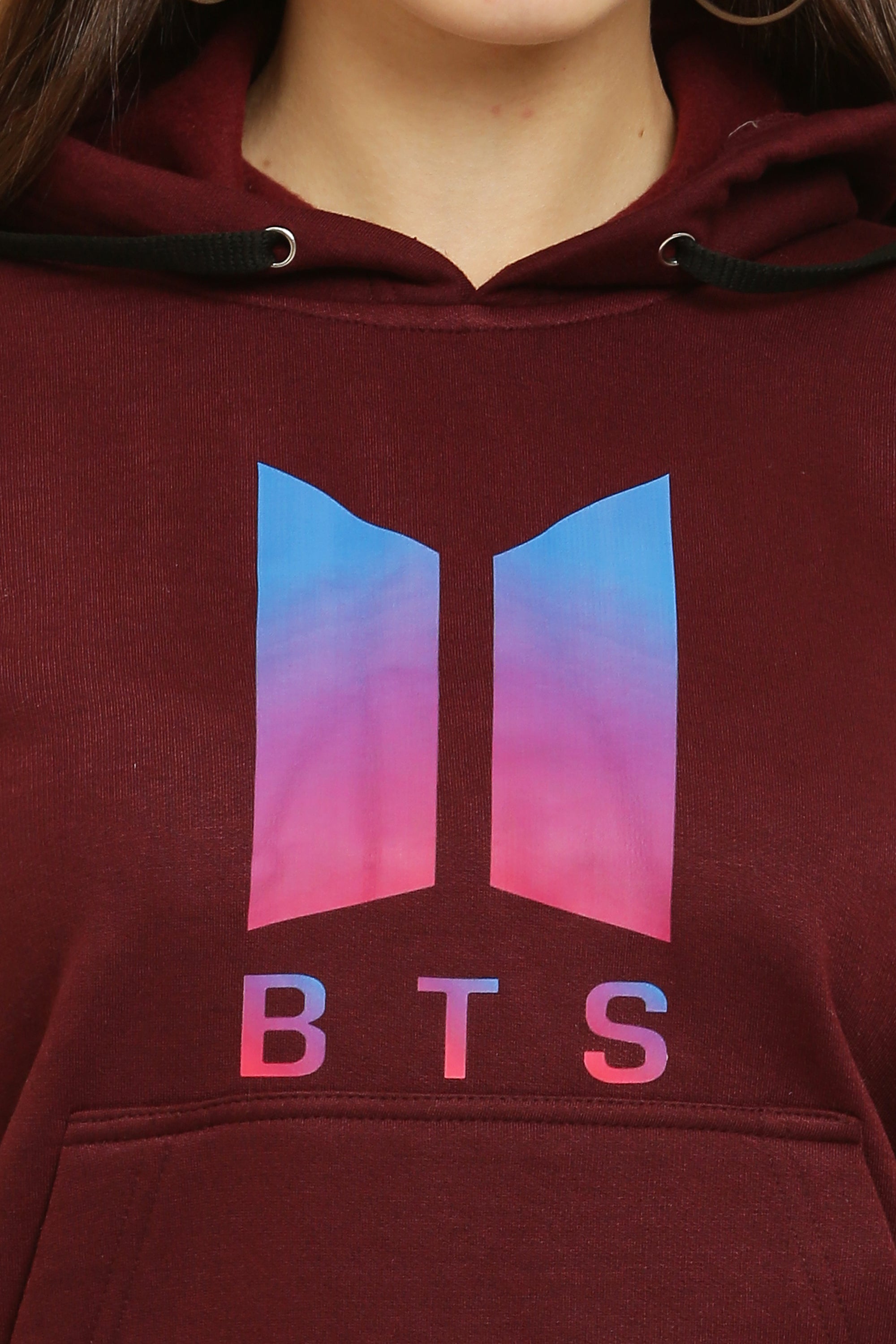 PAVONINE Maroon Color Bts-Design Pullover Hoodie Sweatshirt For Girls | Grocsy