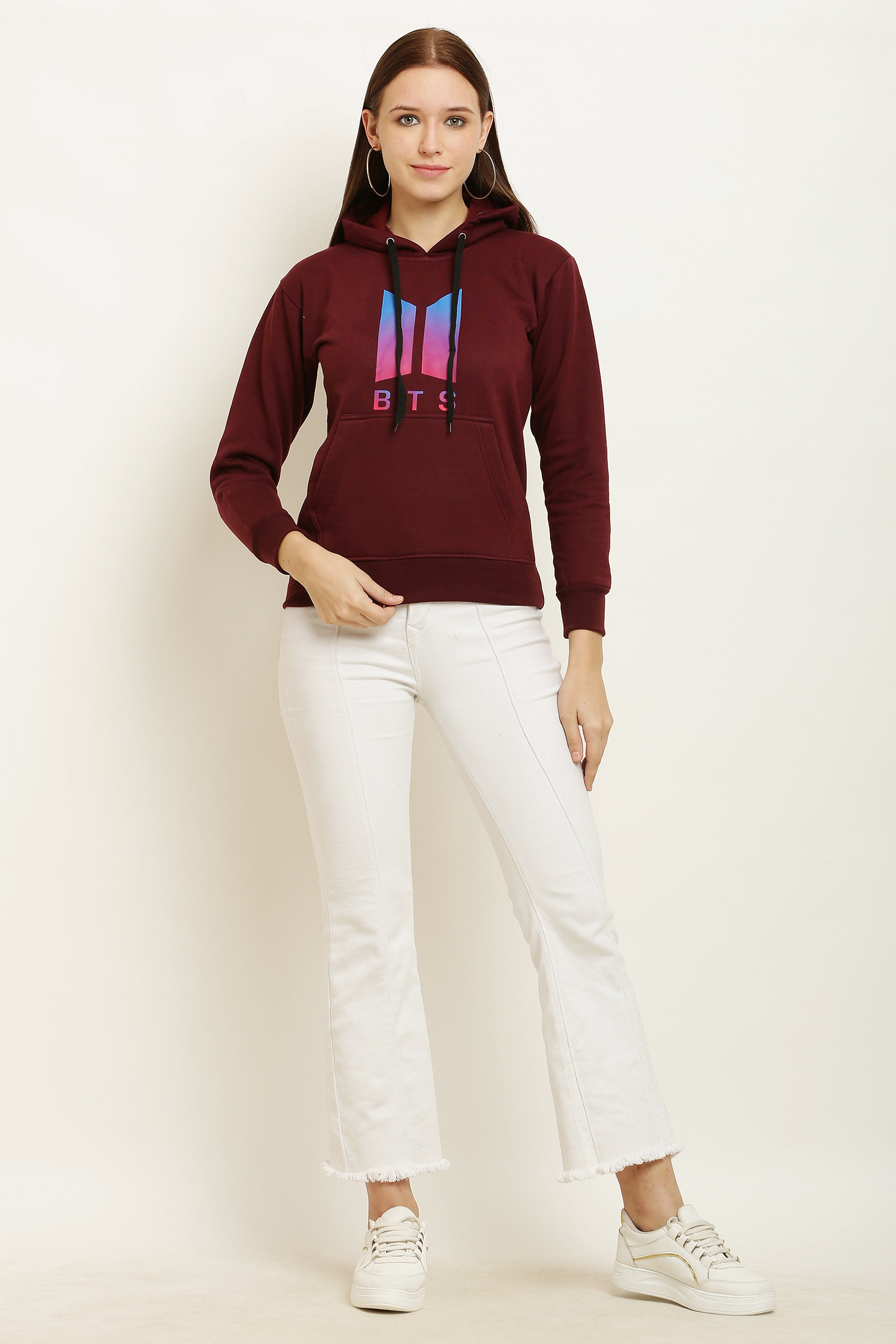 PAVONINE Maroon Color Bts-Design Pullover Hoodie Sweatshirt For Girls | Grocsy