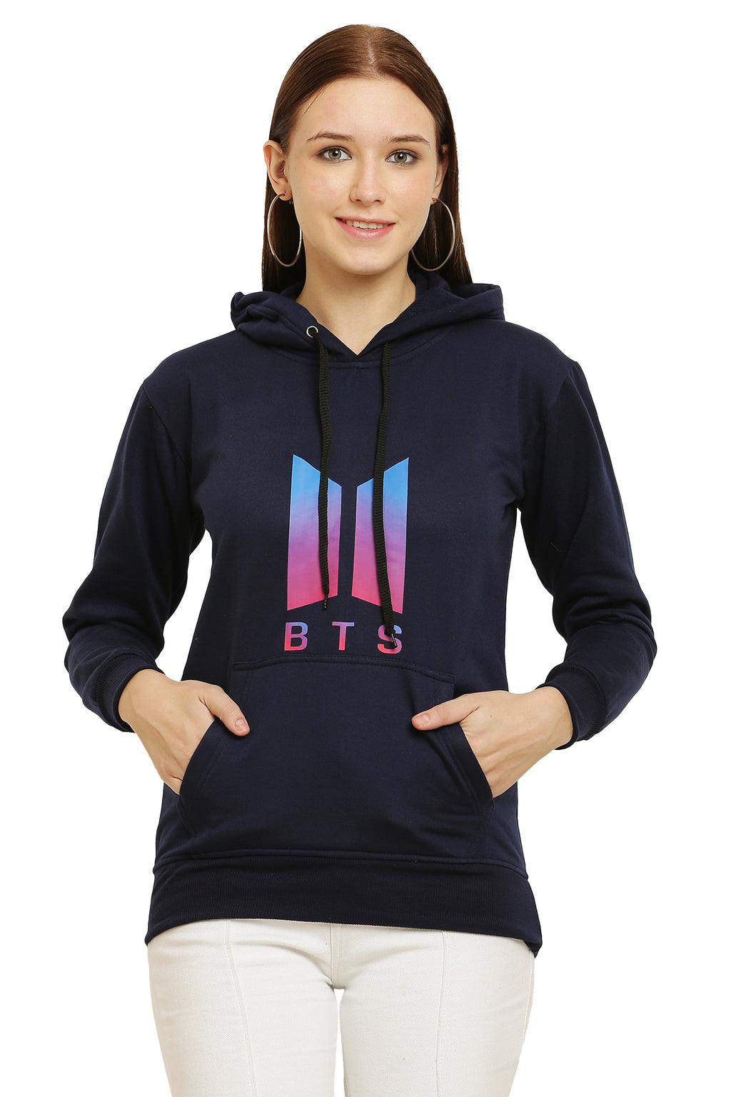 PAVONINE Navy Blue Color Bts-Design Pullover Hoodie Sweatshirt For Girls | Grocsy