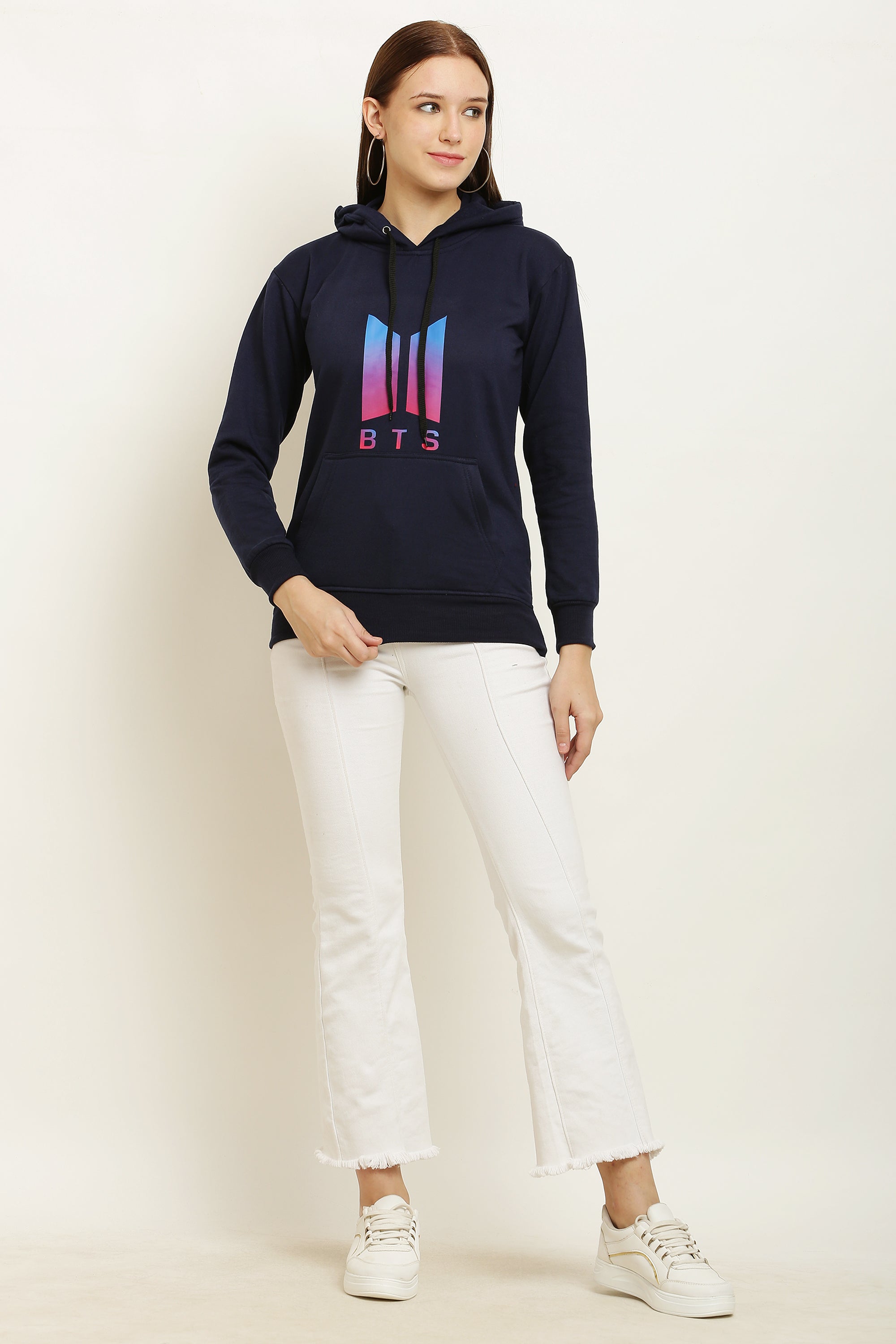 PAVONINE Navy Blue Color Bts-Design Pullover Hoodie Sweatshirt For Girls | Grocsy