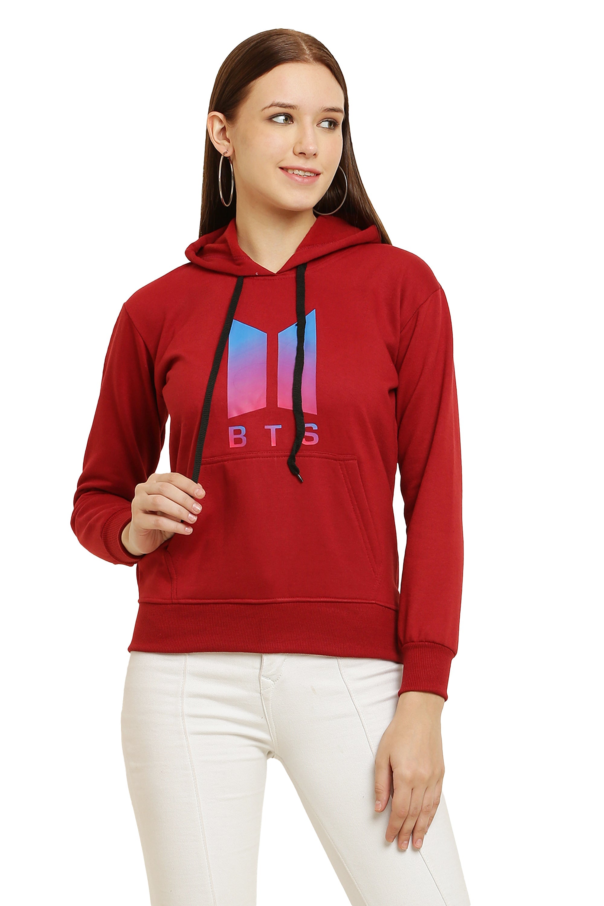 PAVONINE Red Color Bts-Design Pullover Hoodie Sweatshirt For Girls | Grocsy