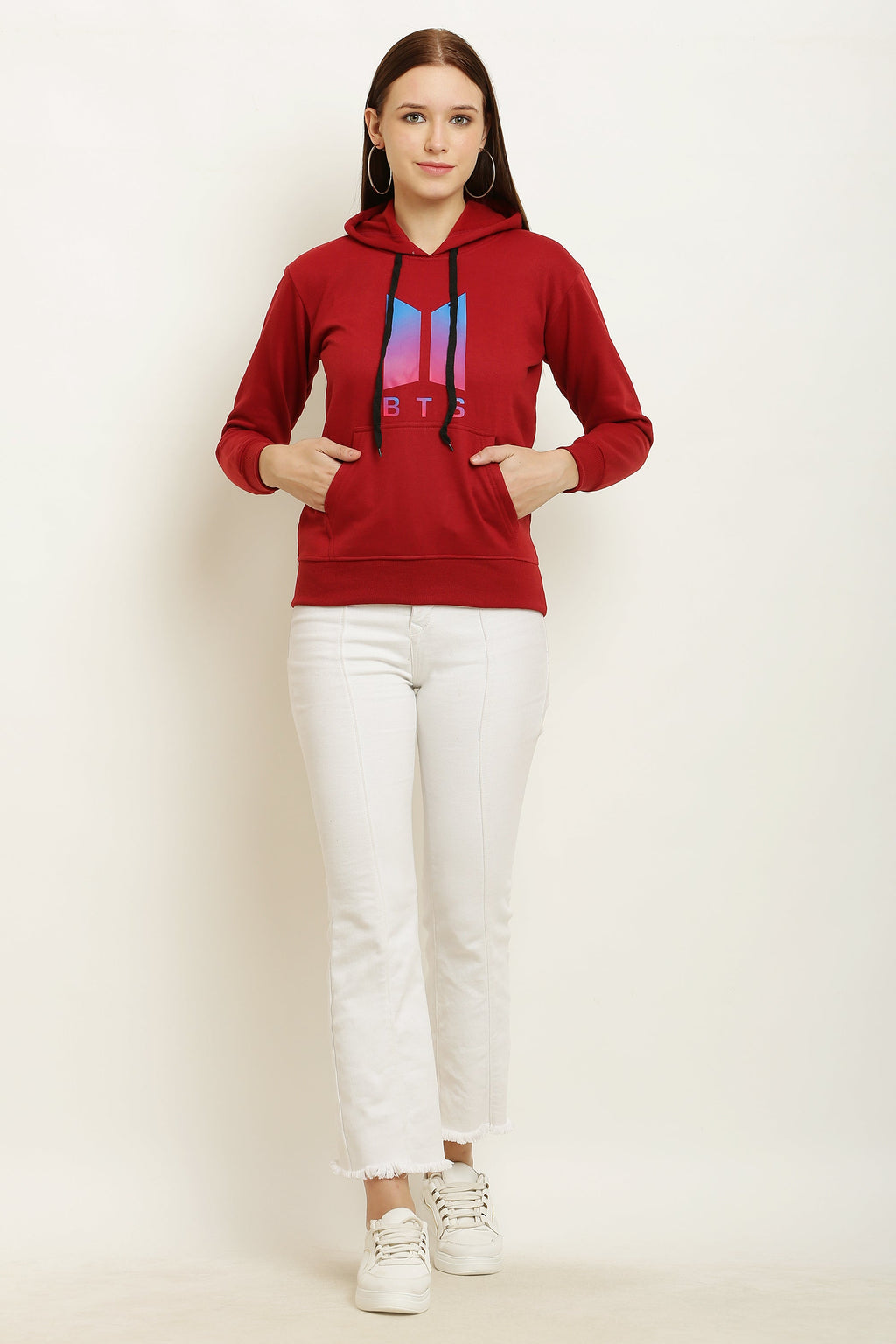PAVONINE Red Color Bts-Design Pullover Hoodie Sweatshirt For Girls | Grocsy