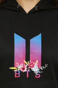 PAVONINE Black Color Bts Flower-Design Pullover Hoodie Sweatshirt For Girls | Grocsy