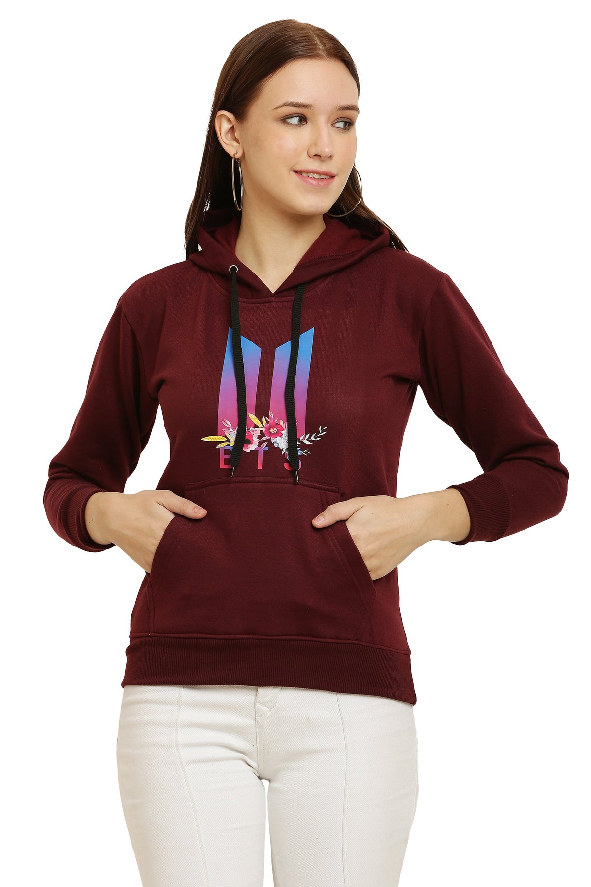 PAVONINE Maroon Color Bts Flower-Design Pullover Hoodie Sweatshirt For Girls | Grocsy