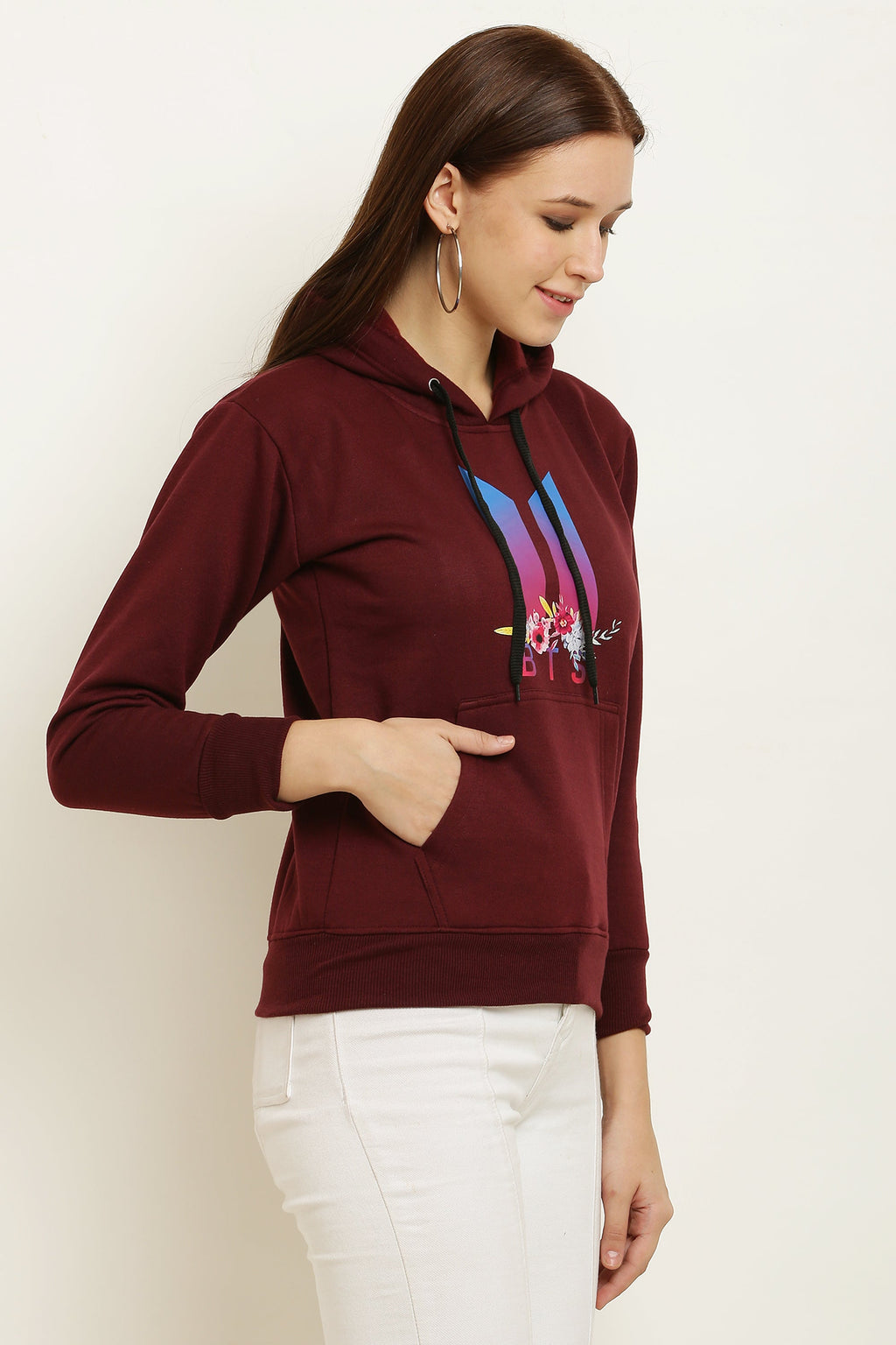 PAVONINE Maroon Color Bts Flower-Design Pullover Hoodie Sweatshirt For Girls | Grocsy