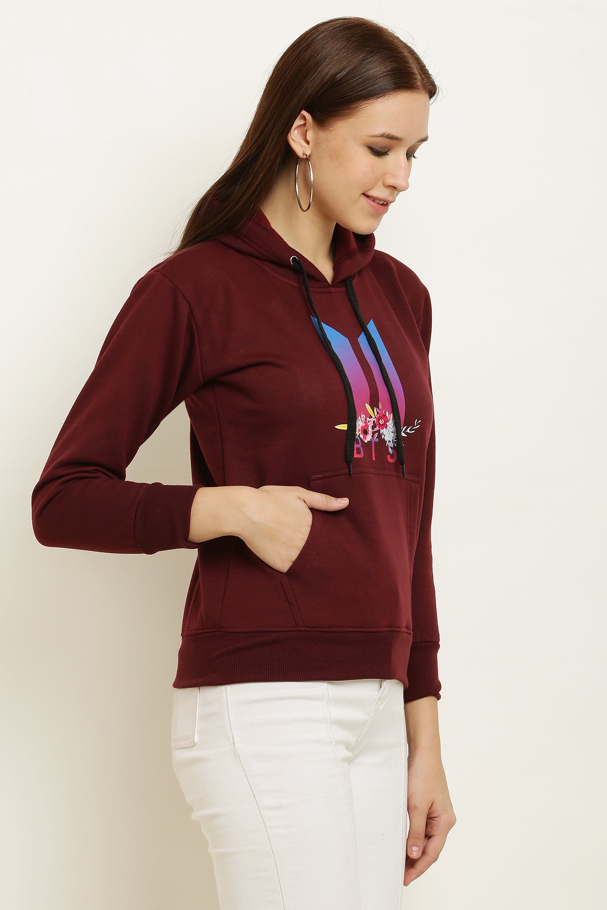 PAVONINE Maroon Color Bts Flower-Design Pullover Hoodie Sweatshirt For Girls | Grocsy