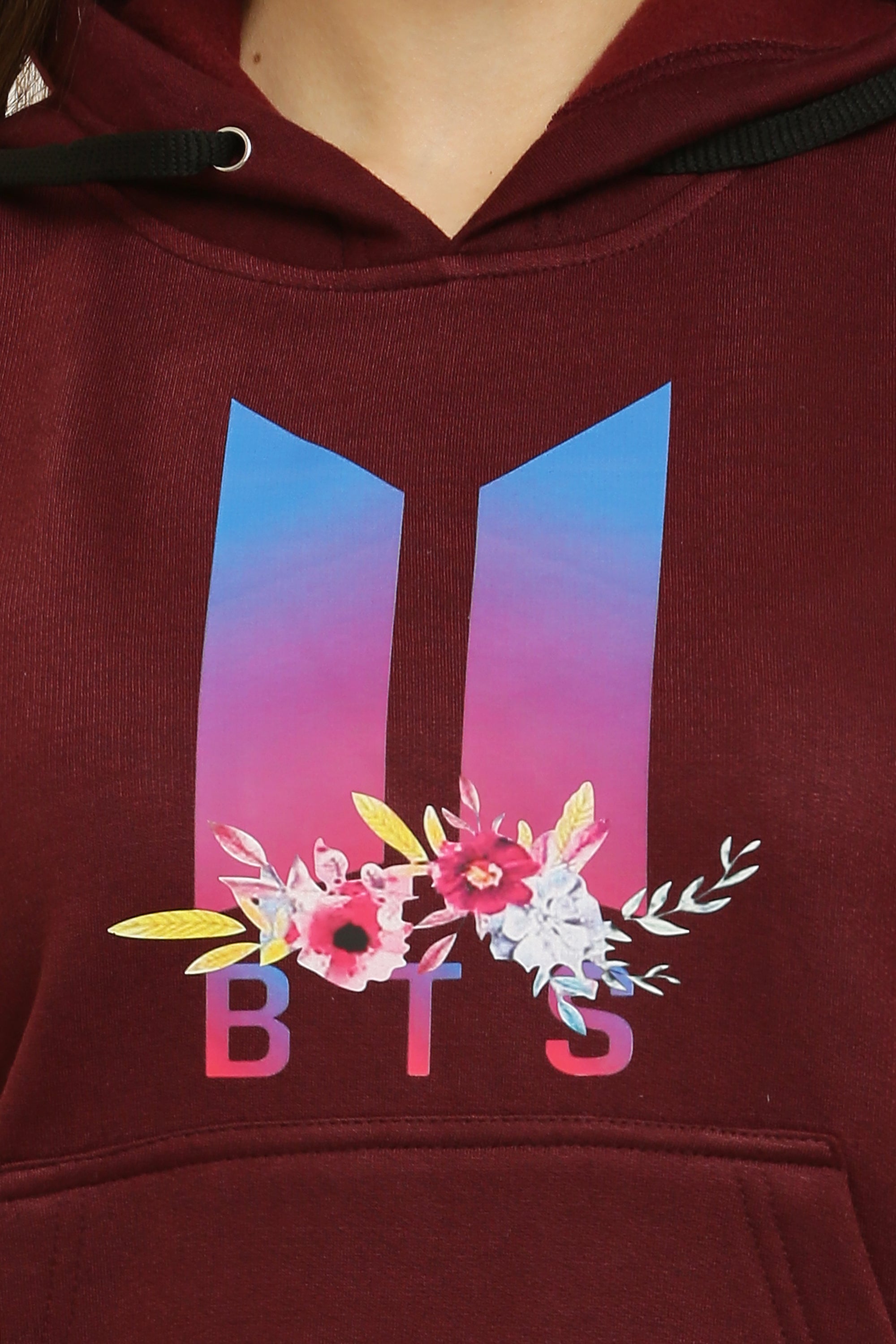 PAVONINE Maroon Color Bts Flower-Design Pullover Hoodie Sweatshirt For Girls | Grocsy