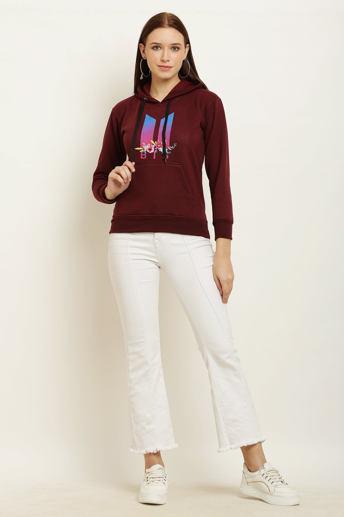 PAVONINE Maroon Color Bts Flower-Design Pullover Hoodie Sweatshirt For Girls | Grocsy