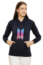 PAVONINE Navy Blue Color Bts Flower-Design Pullover Hoodie Sweatshirt For Girls | Grocsy
