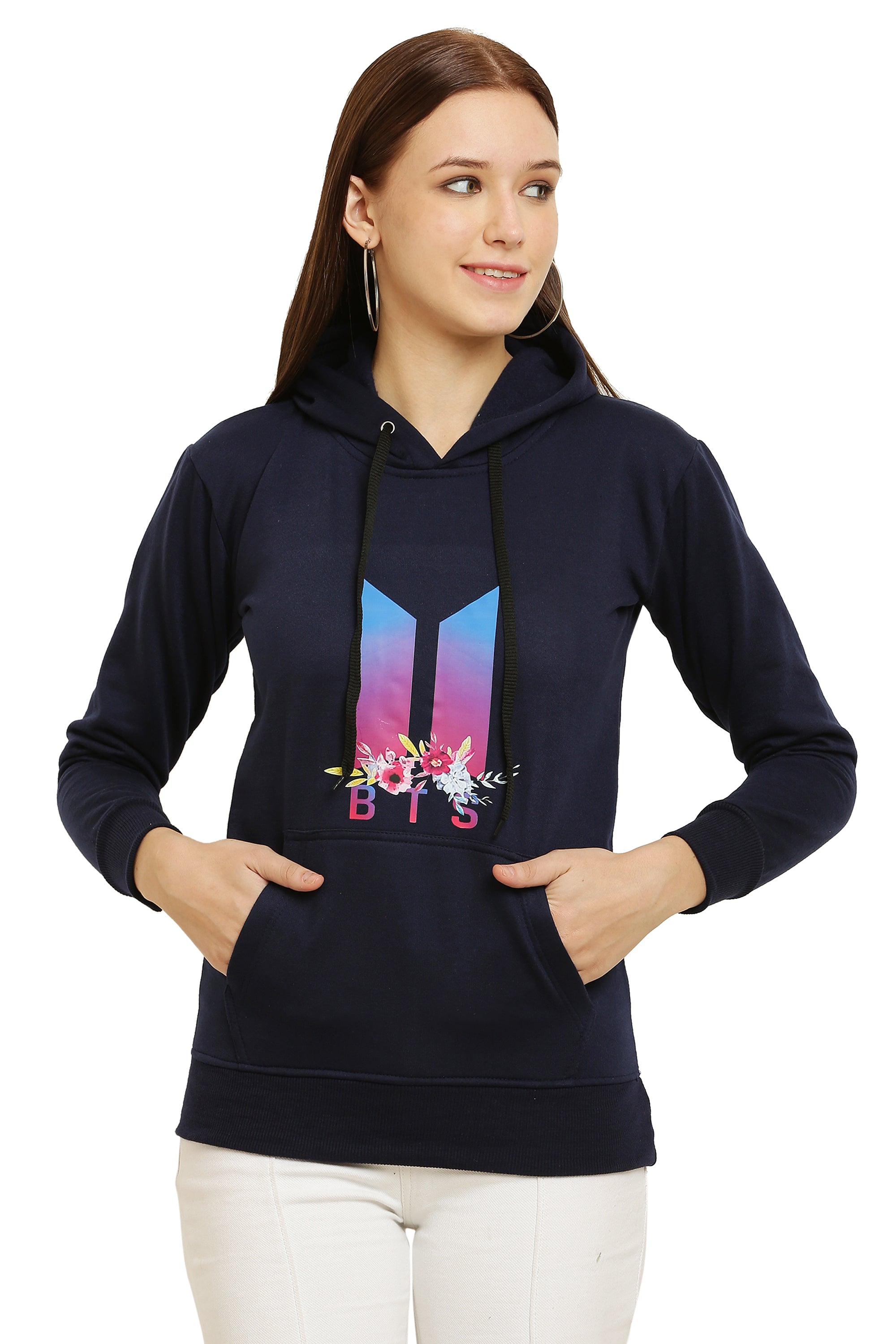 PAVONINE Navy Blue Color Bts Flower-Design Pullover Hoodie Sweatshirt For Girls | Grocsy