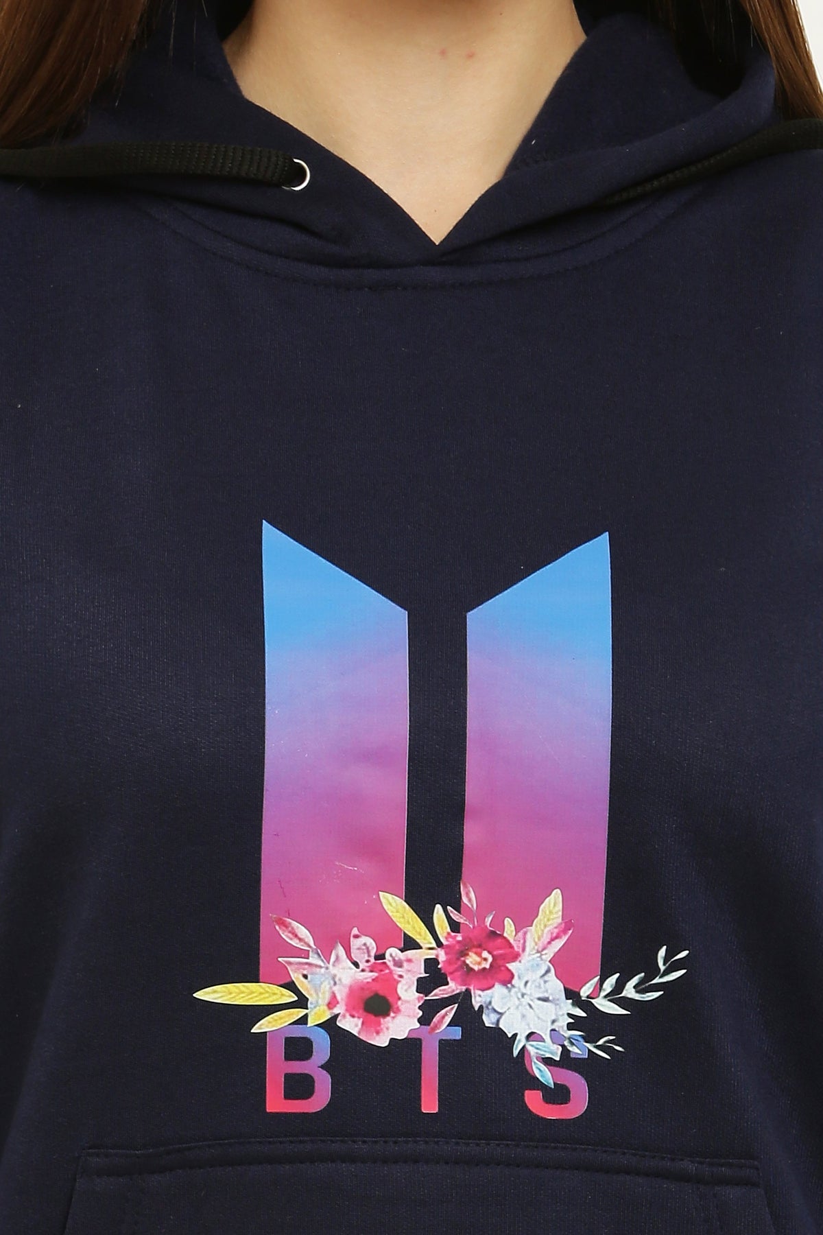 PAVONINE Navy Blue Color Bts Flower-Design Pullover Hoodie Sweatshirt For Girls | Grocsy