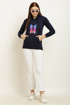 PAVONINE Navy Blue Color Bts Flower-Design Pullover Hoodie Sweatshirt For Girls | Grocsy