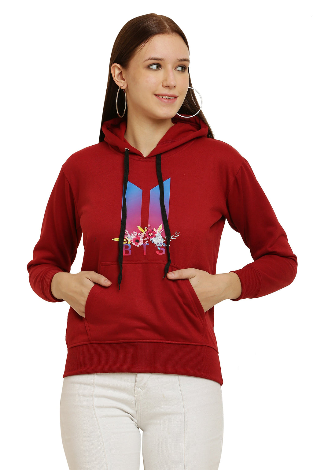 PAVONINE Red Color Bts Flower-Design Pullover Hoodie Sweatshirt For Girls | Grocsy