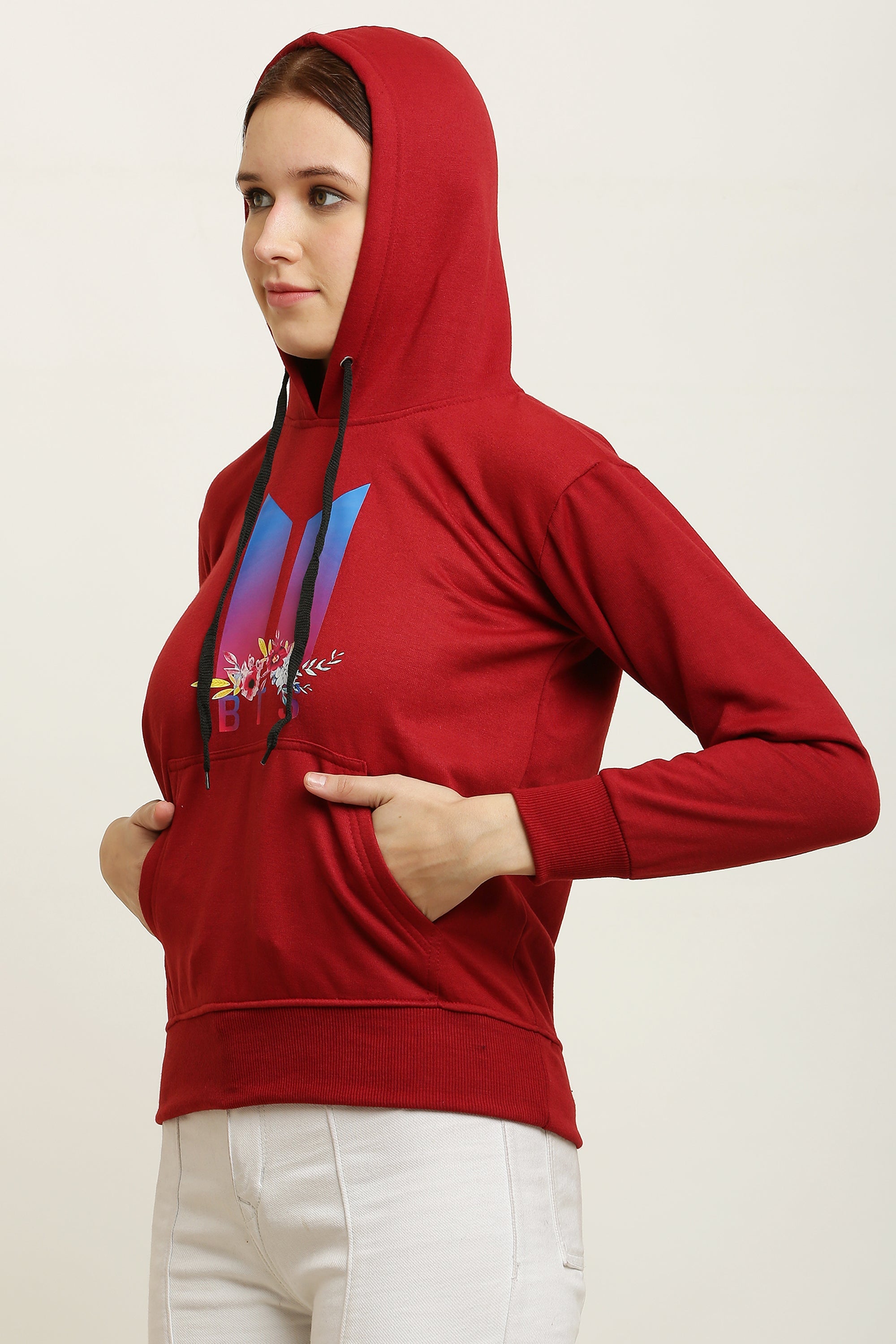 PAVONINE Red Color Bts Flower-Design Pullover Hoodie Sweatshirt For Girls | Grocsy
