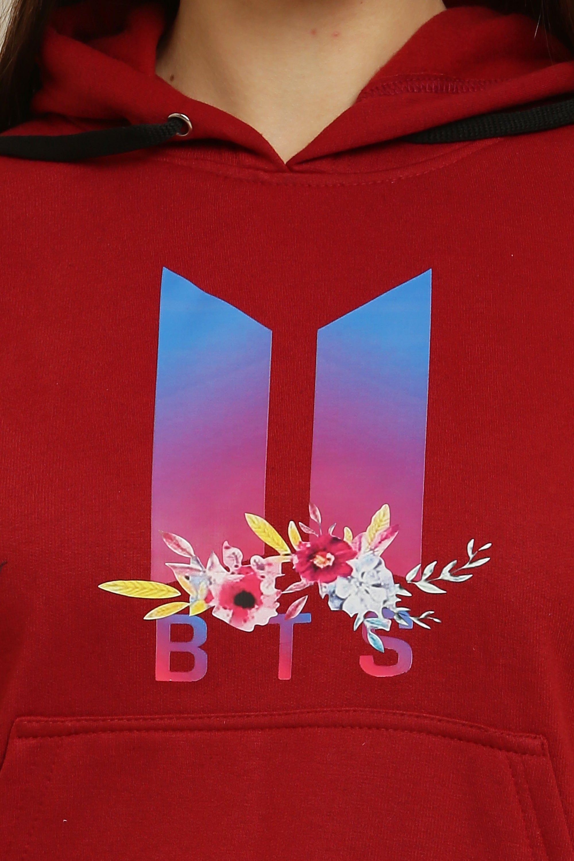 PAVONINE Red Color Bts Flower-Design Pullover Hoodie Sweatshirt For Girls | Grocsy