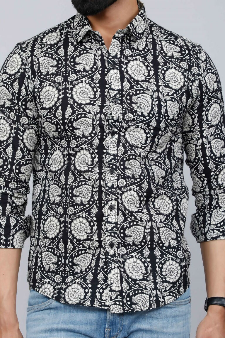 Miravan Men's Black Comfort Floral Printed Cotton Casual Shirt | Grocsy