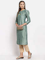 Myshka Women's Green Silk Solid Full Sleeve Round Neck Casual Kurta | Grocsy