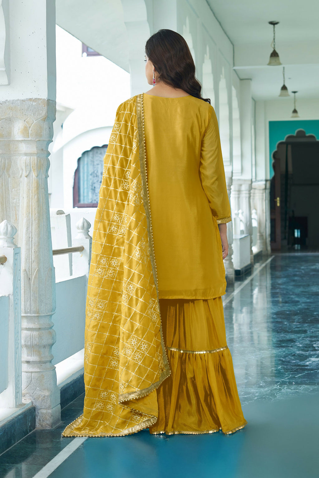 Joban Fashion Yellow Kurta Set Chinon Silk Embroidery Sequence Work | Grocsy