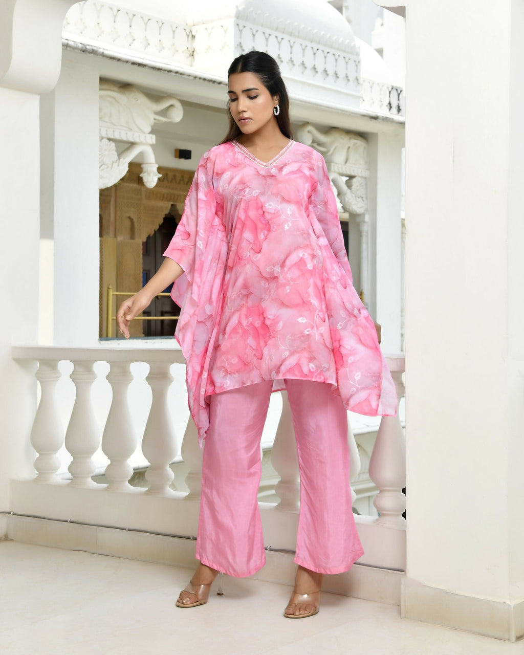 Vaasva Women's Pink Georgette Marble Print Kaftan Pant Set | Grocsy